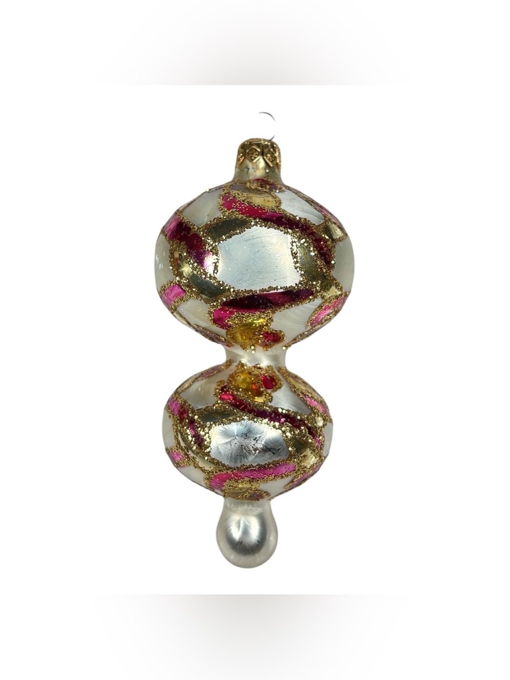 Christopher Radko Mercury Glass Double Ball Finial Christmas Ornament Gold Pink